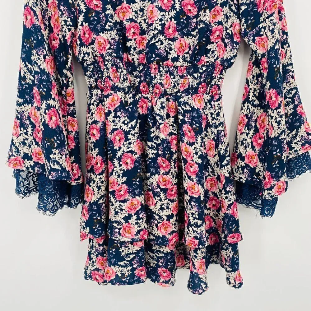 Altar'd State Size XS Navy Blue & Pink Floral Claudine Bell Sleeve Boho Dress - Picture 4 of 10